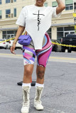 White Fashion Casual Print Asymmetrical O Neck T-Shirts