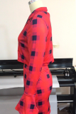 Red Fashion Plaid Patchwork Turndown Collar Long Sleeve Three Pieces
