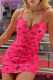 Rose Red Fashion Sexy Print Zipper Spaghetti Strap One Step Skirt Dresses