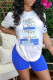 Blue Fashion Street Print Letter O Neck Short Sleeve Two Pieces