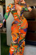 Orange Fashion Casual Print Patchwork Turndown Collar Long Sleeve Dresses (Without Waist Chain)