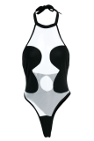 Black Sexy Solid Patchwork Halter Skinny Bodysuits