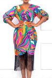 Multicolor Fashion Casual Print Tassel Patchwork V Neck Pencil Skirt Dresses
