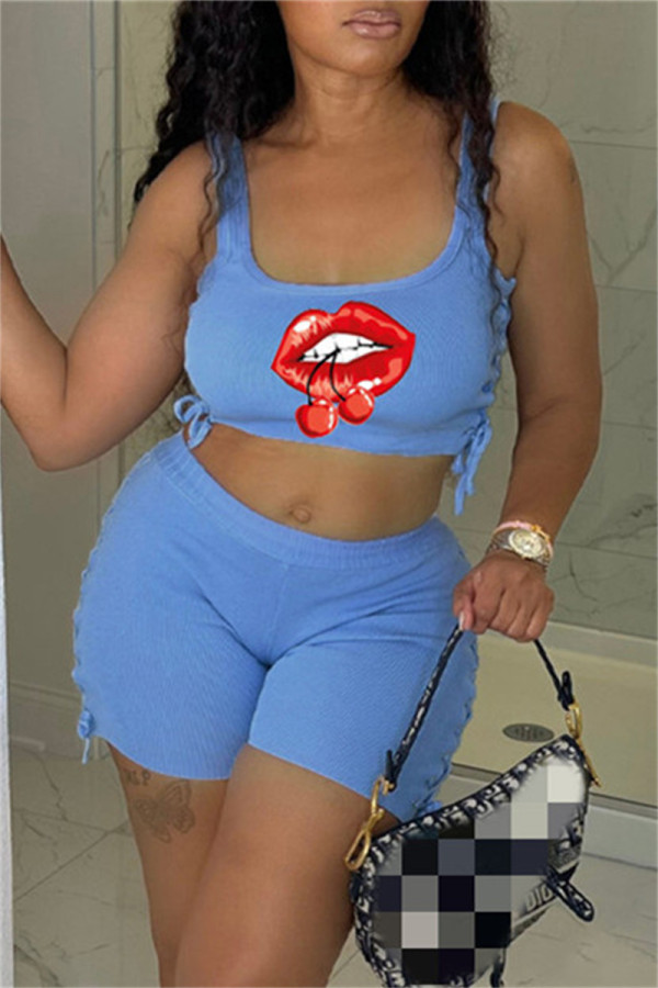 Blue Fashion Casual Lips Printed Bandage U Neck Sleeveless Two Pieces