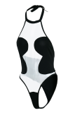 Black Sexy Solid Patchwork Halter Skinny Bodysuits