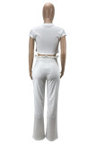 White Fashion Casual Solid Basic O Neck Short Sleeve Two Pieces