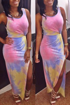 Colour Fashion Sexy Print Tie Dye Slit O Neck Vest Dress
