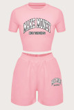 Pink Fashion Casual Letter Print Basic O Neck Short Sleeve Two Pieces