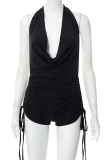 Black Sexy Solid Patchwork Halter Skinny Rompers