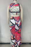 Multicolor Fashion Casual Plus Size Print Hollowed Out O Neck Sleeveless Dress