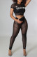 Black Sexy Print Patchwork See-through O Neck Short Sleeve Two Pieces