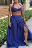 Dark Blue Fashion Sexy Solid Bandage Backless Slit Halter Sleeveless Two Pieces