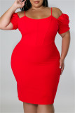 Red Fashion Casual Solid Split Joint Off the Shoulder Short Sleeve Dress Plus Size Dresses