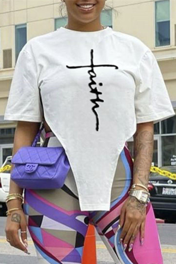 White Fashion Casual Print Asymmetrical O Neck T-Shirts