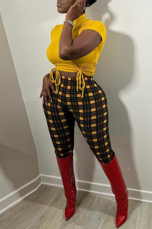 Yellow Fashion Casual Print Draw String Frenulum Turtleneck Short Sleeve Two Pieces