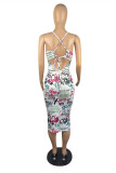 Multicolor Fashion Sexy Print Backless Cross Straps Spaghetti Strap Sleeveless Dress