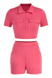 Pink Fashion Casual Solid Basic Zipper Collar Short Sleeve Two Pieces