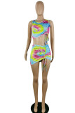 Multicolor Fashion Sexy Print Tie Dye Draw String Frenulum O Neck Sleeveless Two Pieces