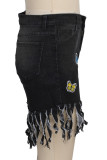 Black Fashion Casual Embroidery Tassel Split Joint High Waist Regular Denim Shorts