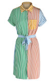 Colour Casual Striped Patchwork Turndown Collar Shirt Dress Dresses