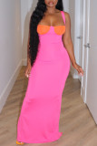 Pink Fashion Sexy Solid Patchwork Backless Slit Spaghetti Strap Long Dress
