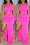 Rose Red Fashion Sexy Solid Hollowed Out Backless Slit One Shoulder Long Dress