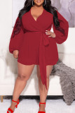 Red Casual Solid Patchwork V Neck Plus Size Jumpsuits(The Belt Is A Different Color)