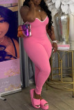 Pink Fashion Sexy Solid Backless Spaghetti Strap Skinny Jumpsuits