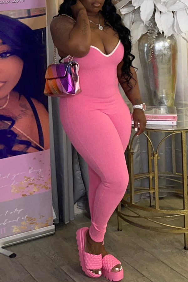 Pink Fashion Sexy Solid Backless Spaghetti Strap Skinny Jumpsuits