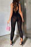 Pink Sexy Solid See-through O Neck Skinny Jumpsuits