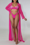 Rose Red Fashion Sexy Solid Patchwork Hot Drill Swimwears Three-piece Set (Without Paddings)