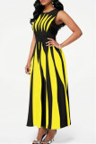 Black Yellow Fashion Casual Print Split Joint O Neck Sleeveless Dress