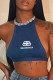 Deep Blue Fashion Sexy Print Bandage Halter Tops