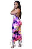 purple Fashion Sexy adult Blue Leopard print Black and white purple serpentine Off The Shoulder Sleeveless Slip Step Skirt Mid-Calf Print Patchwork Leopard backless Snake pattern Dresses