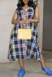 Multicolor Casual Plaid Print Patchwork Buckle Turndown Collar Shirt Dress Dresses