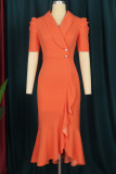 Tangerine Casual Elegant Solid Patchwork Buttons Flounce Asymmetrical Turn-back Collar Straight Dresses