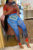 Red Sexy Print Patchwork O Neck Short Sleeve Two Pieces