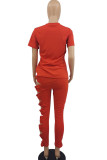 Tangerine Red Sexy Solid Hollowed Out Split Joint O Neck Short Sleeve Two Pieces