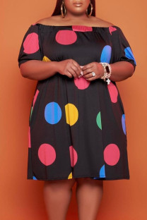 Black Casual Print Polka Dot Split Joint Off the Shoulder Straight Plus Size Dresses