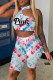 Blue Fashion Casual Letter Print Tie-dye Backless Half A Turtleneck Sleeveless Two Pieces