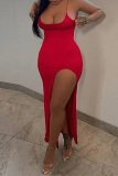 Yellow Sexy Solid High Opening Spaghetti Strap Pencil Skirt Dresses