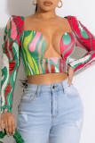 Multicolor Fashion Sexy Print Basic Square Collar Tops