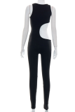 Black Sexy Solid Hollowed Out U Neck Skinny Jumpsuits