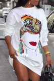 White Fashion Casual Print Basic O Neck Long Sleeve Dresses
