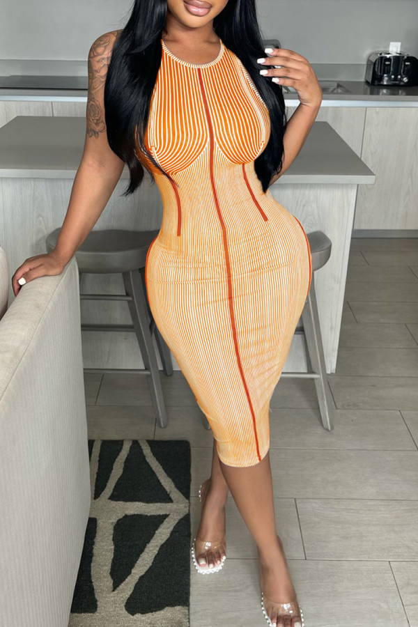 Orange Casual Striped Print Patchwork O Neck Pencil Skirt Dresses