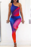 Blue Sexy Print Patchwork Oblique Collar Sleeveless Two Pieces