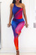 Blue Sexy Print Patchwork Oblique Collar Sleeveless Two Pieces