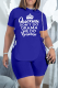 Blue Casual Print Slit O Neck Short Sleeve Two Pieces