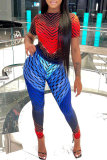 Red Sexy Print Patchwork O Neck Short Sleeve Two Pieces