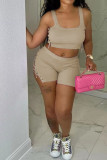 Pink Sexy Solid Bandage Hollowed Out Patchwork U Neck Two Pieces